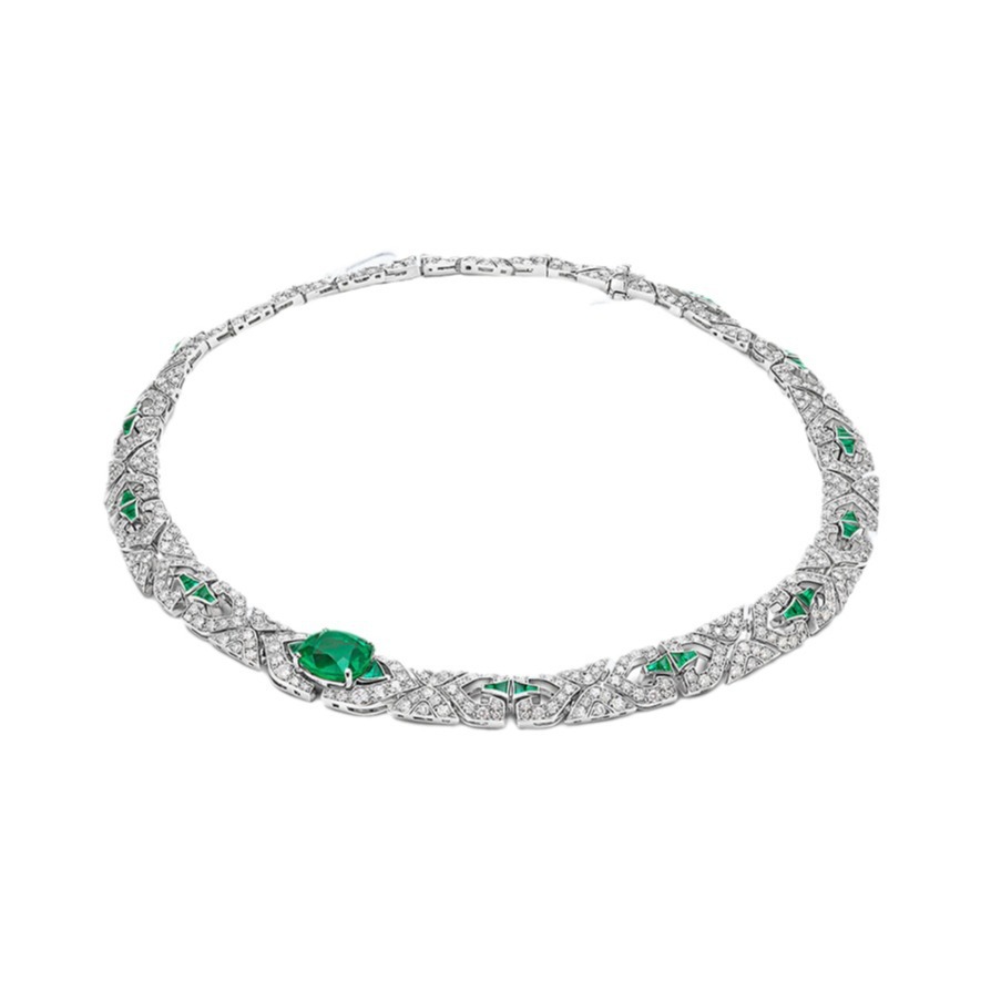925 Silver Gold-Plated High Carbon Diamond Wood Green Inlaid Emerald Necklace