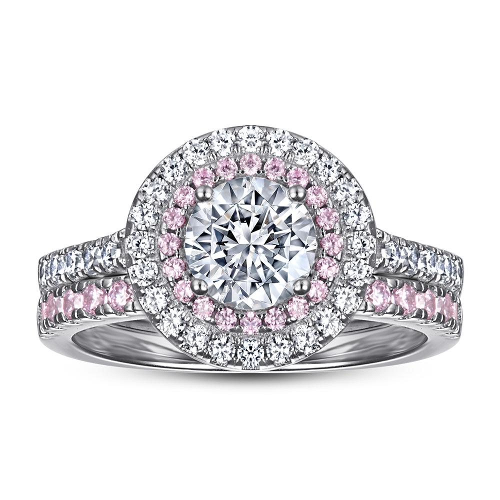 S925 Silver Round Pink Zircon Ring Set for Women – Stackable Wedding & Promise Jewelry