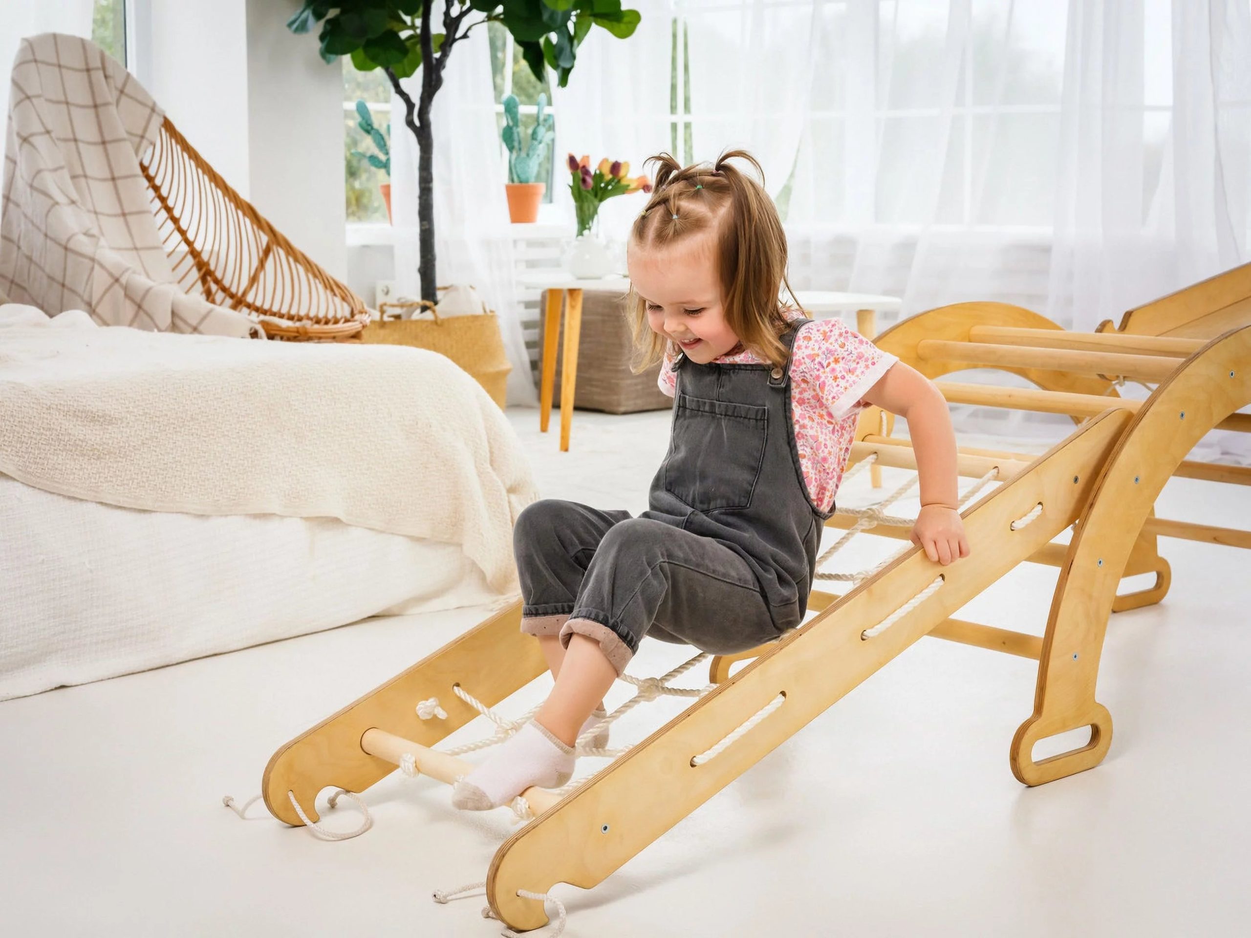 4-in-1 Montessori Indoor Playground: Wooden Foldable Triangle Ladder + Climbing Arch (Rocker Balance) + Slide Board (Ramp) + Spider Net for Kids 1-7 y.o.