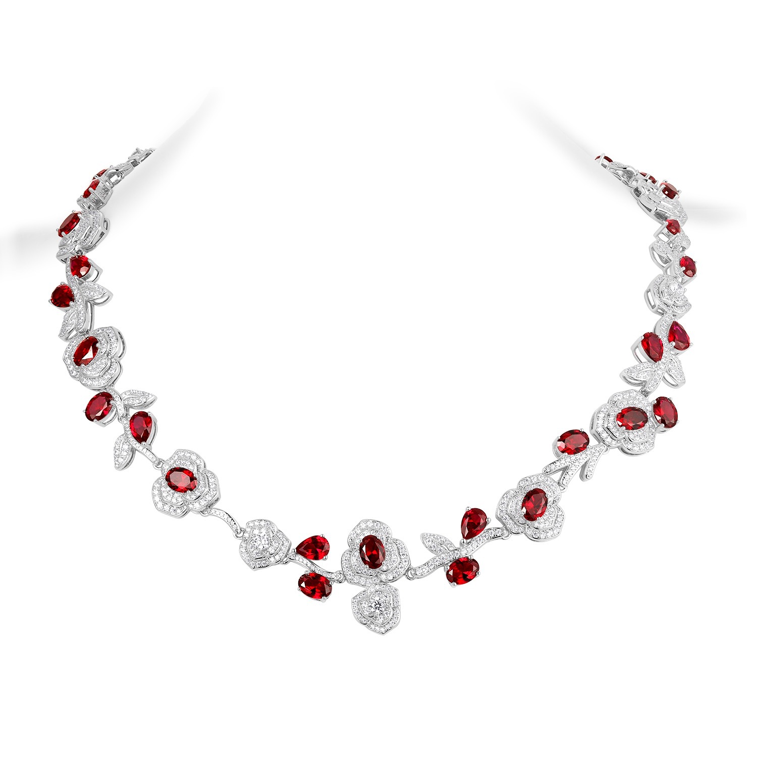 925 Silver Gold-Plated High Carbon Diamond Pigeon Blood Red Thorn Rose Necklace