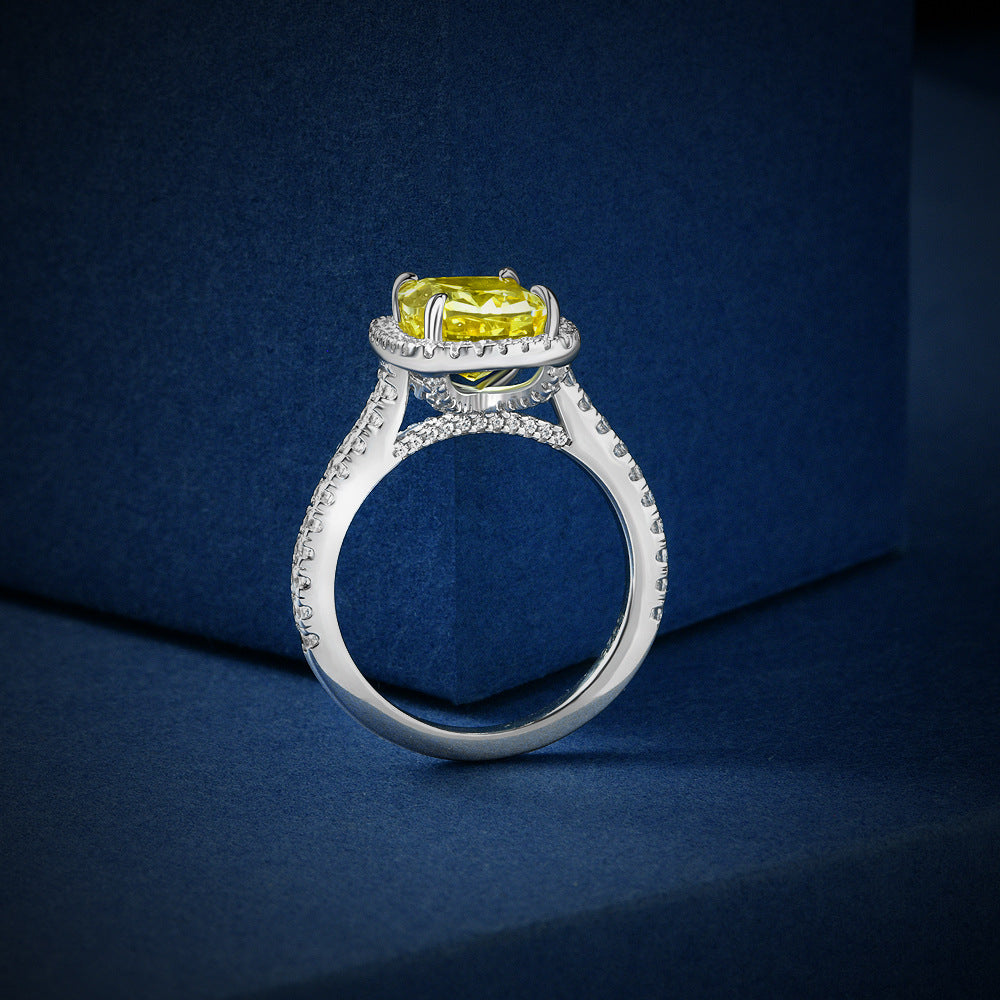 Elegant S925 Sterling Silver 3 Carat Yellow Ice Flower Cut Ring with 8*9 High Carbon Diamonds