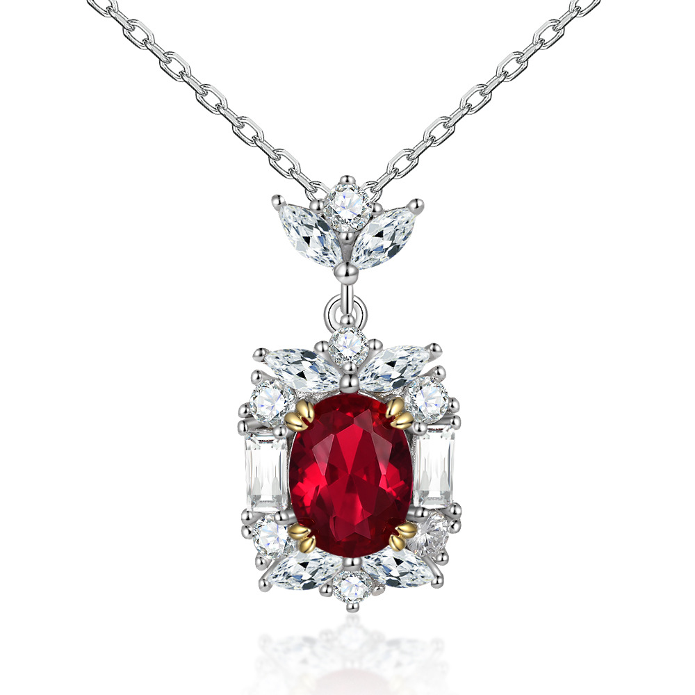 S925 Silver Ruby Pendant Necklace – Radiant Red Gemstone Charm Necklace for Classic and Timeless Beauty