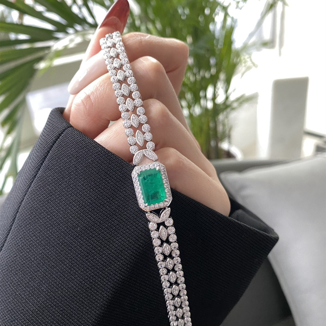 925 Silver Gold-Plated High Carbon Diamond Wood Zuzu Green Vintage Bracelet