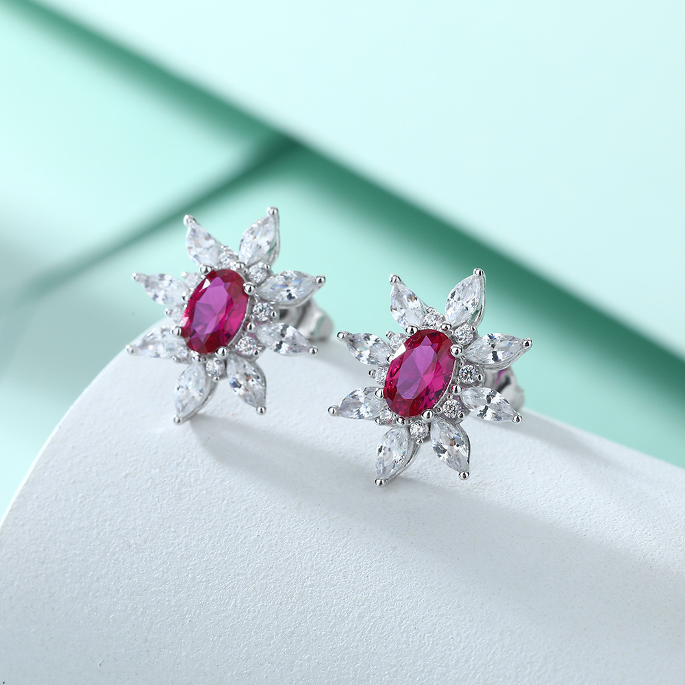 S925 Silver Sunflower & Eight-Pointed Star Ruby Earrings for Women – Elegant Floral Jewelry