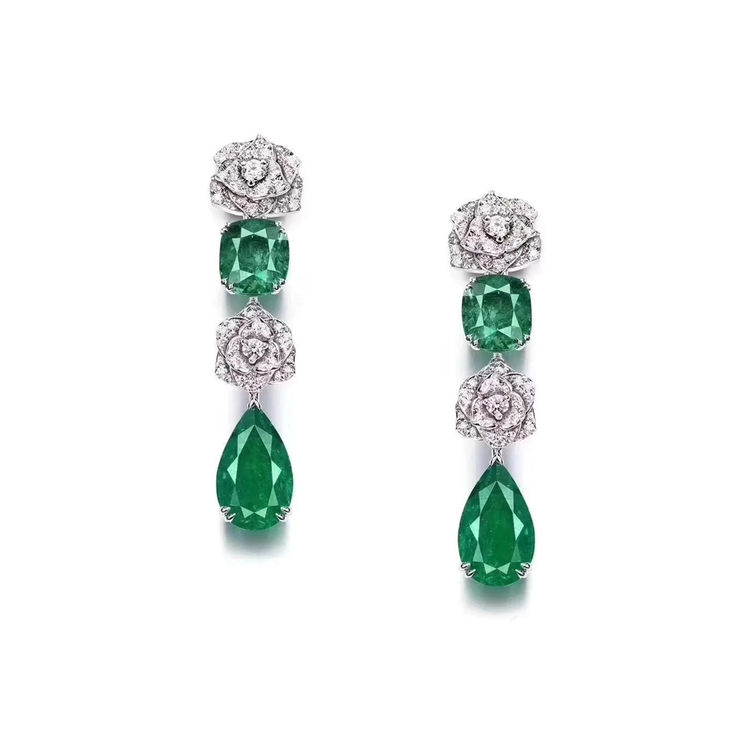 925 Silver Gold-Plated High Carbon Diamond Wood Green Long Earrings – Elegant & Nature-Inspired Design