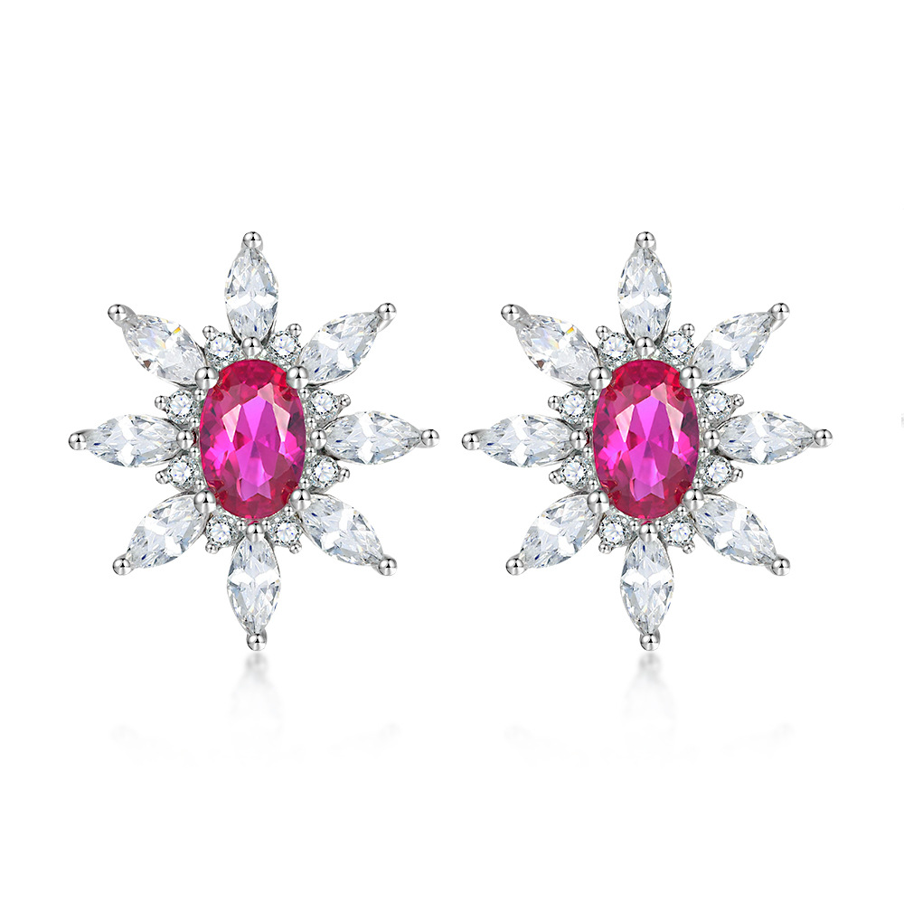 S925 Silver Sunflower & Eight-Pointed Star Ruby Earrings for Women – Elegant Floral Jewelry
