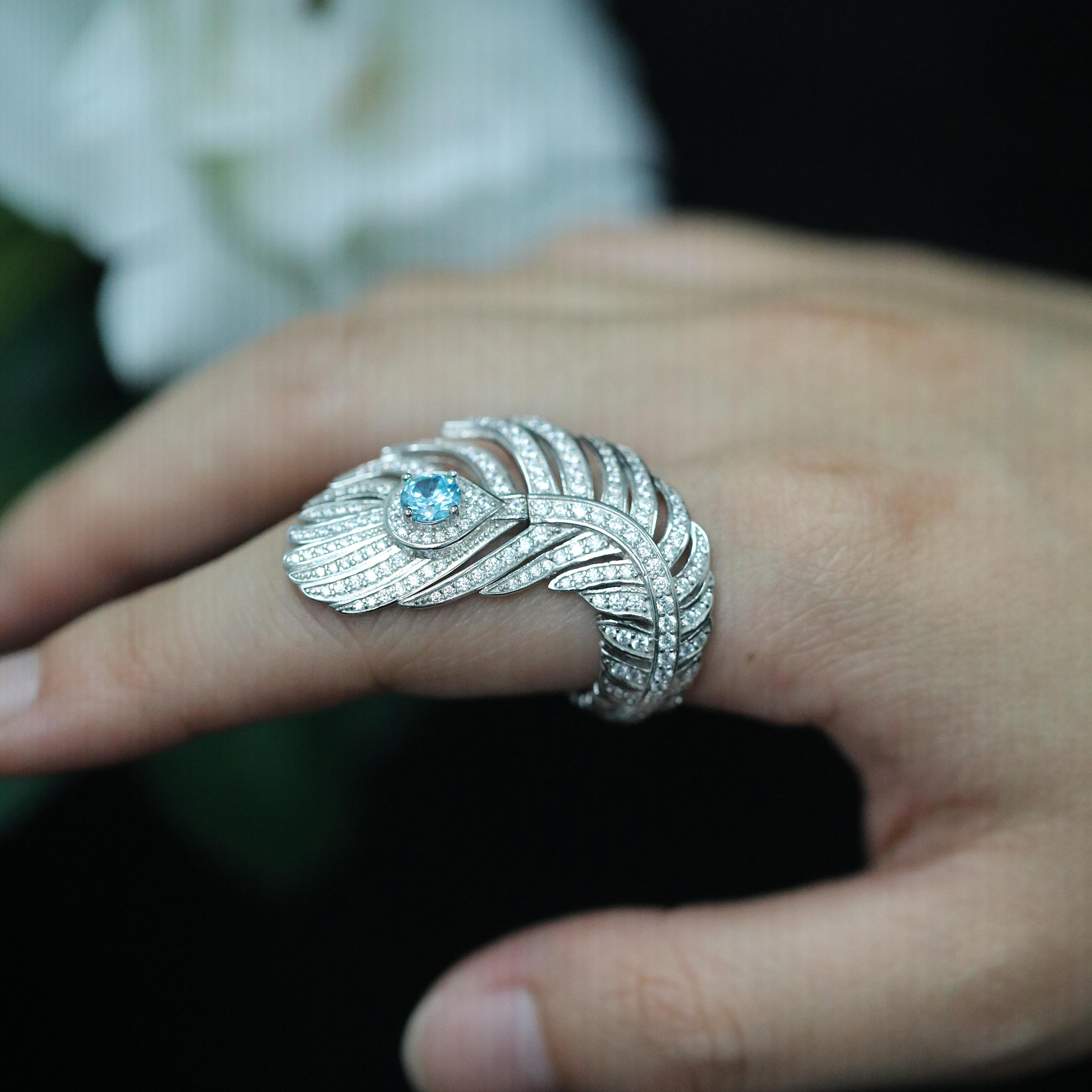 925 Silver Gold-Plated High Carbon Diamond Aquamarine Feather Ring