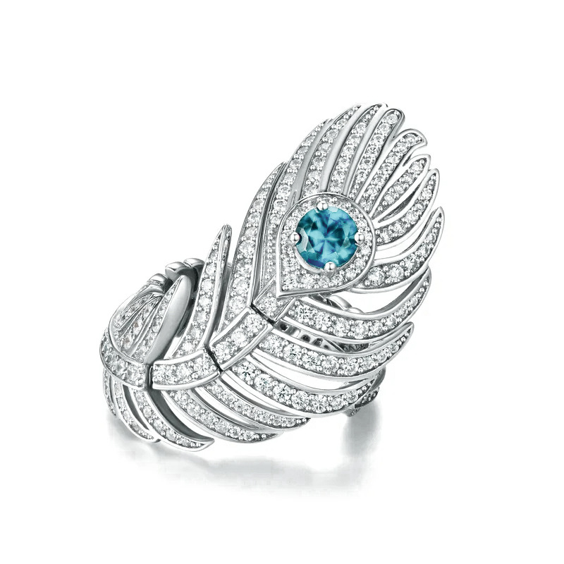 925 Silver Gold-Plated High Carbon Diamond Aquamarine Feather Ring