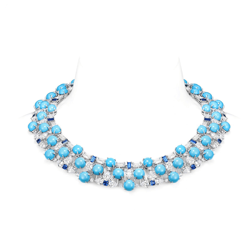 925 Silver Gold-Plated High Carbon Diamond & High Bead Evening Blue Pine Necklace