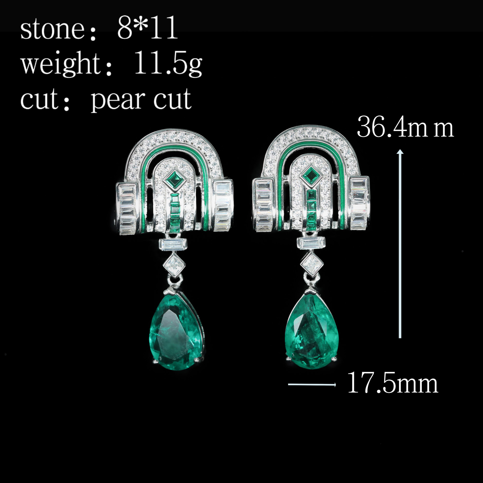 925 Silver Gold-Plated High Carbon Diamond Wood Green Teardrop Cut Earrings