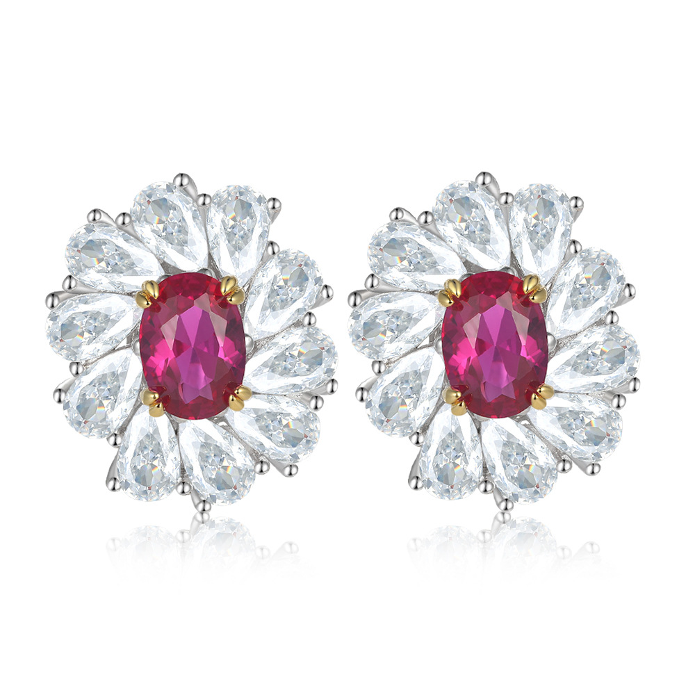 S925 Silver Small Daisy Flower Ruby Earrings for Women – Vintage Floral Stud Jewelry