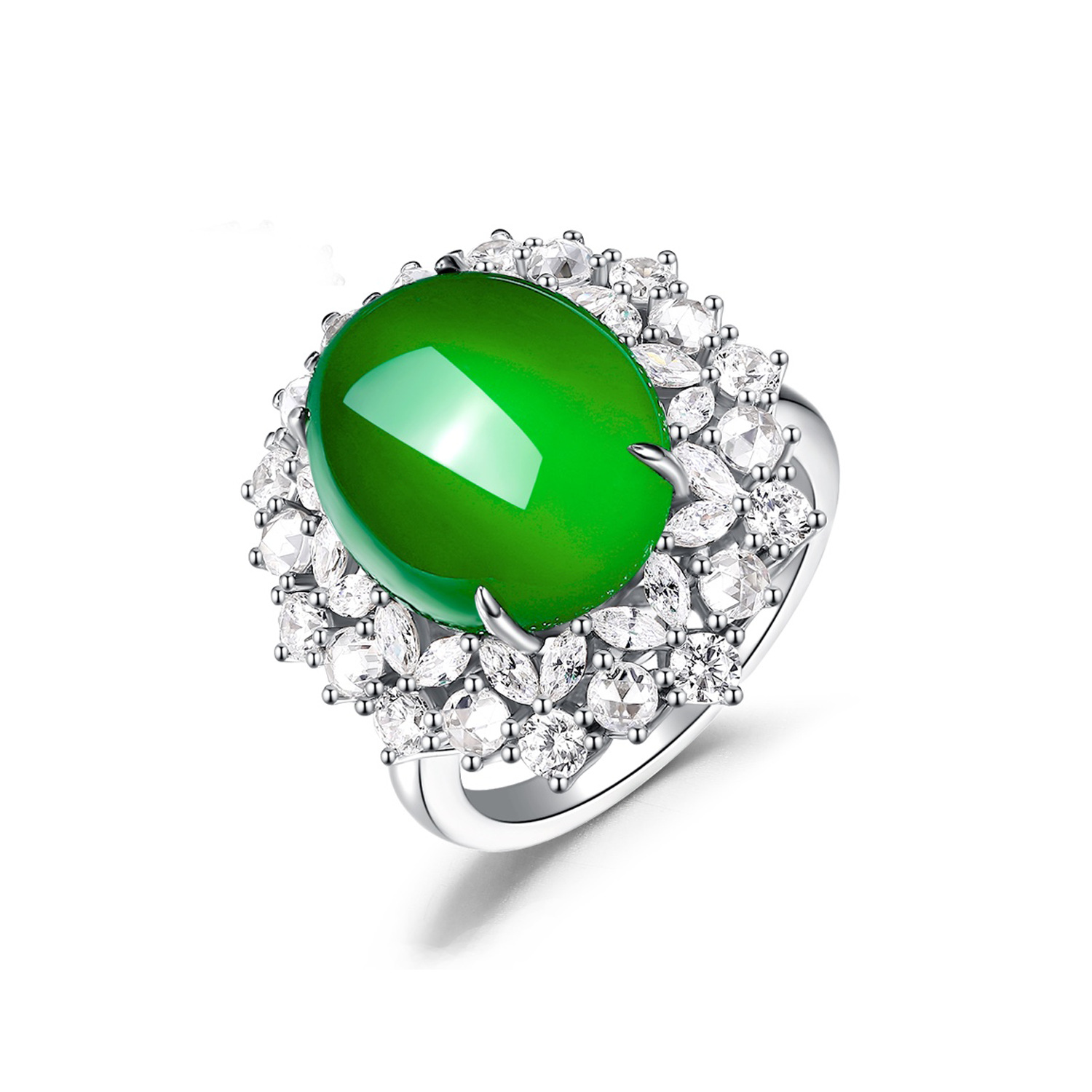 925 Silver Gold-Plated High Carbon Diamond Egg-Shaped Chalcedony Flower Ring