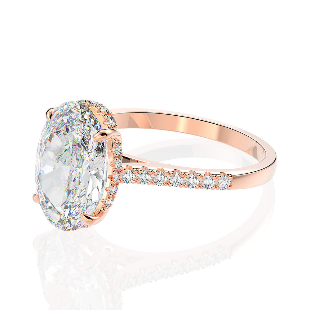 S925 Sterling Silver 4-Carat Rose Gold Oval Diamond Ring with Radiant Bottom Cut (9x13mm)