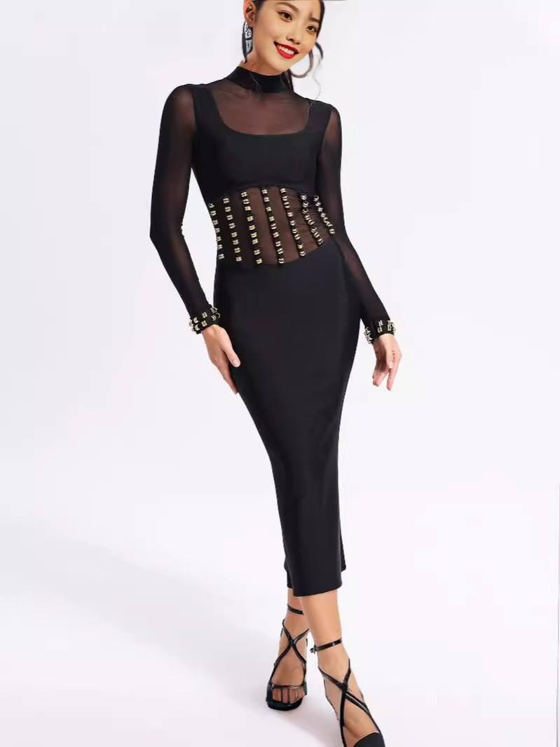 Robe Bandage Élégante à Manches Longues en Maille pour Femme – Coupe Moulante, Look Chic et Sexy