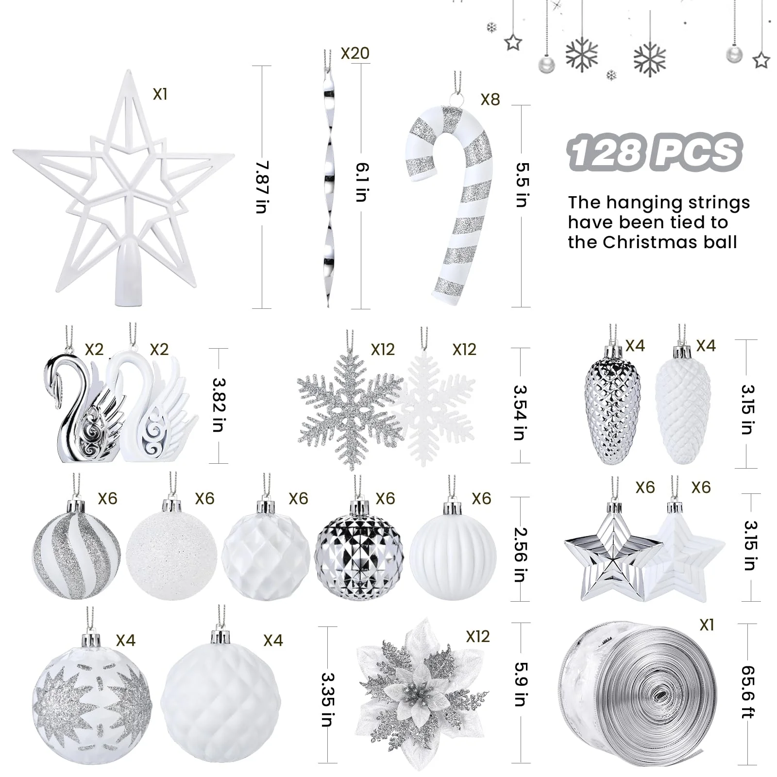 128pcs Christmas Balls Ornaments Set, Ribbon Tree Topper for Xmas Tree Holiday Wedding Party Decorations with Hanging Strings, White and Silver