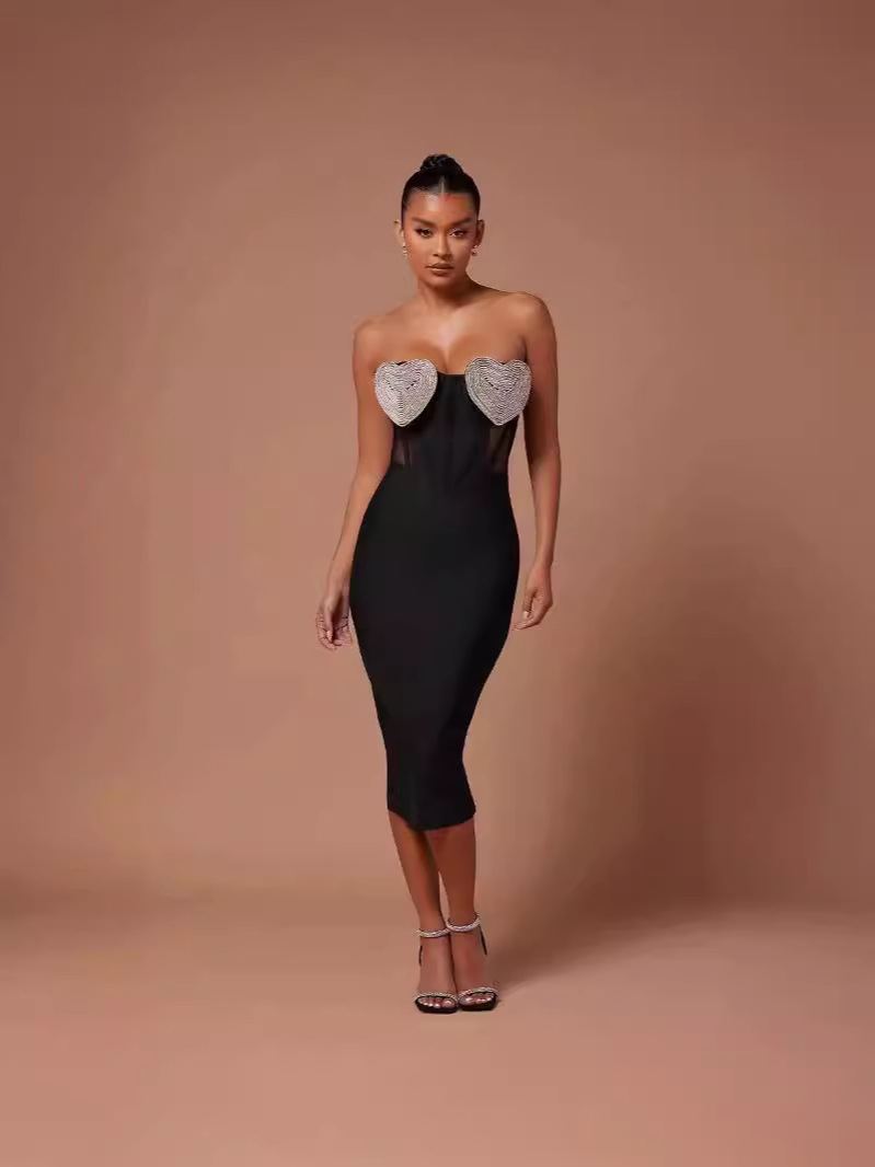 Robe Moulante Bustier Bandage pour Femme – Robe Mi-Longue Moulante Sans Manches Avec Haut Tube