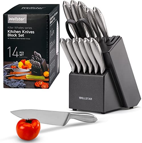 WELLSTAR Rainbow Knife Set 14 Pieces, Iridescent German Stainless Steel Kitchen Knives Set with Wooden Block, Colorful Titanium Coating, Chef’s Knife Block Set with Scissors and Built-in Sharpener
