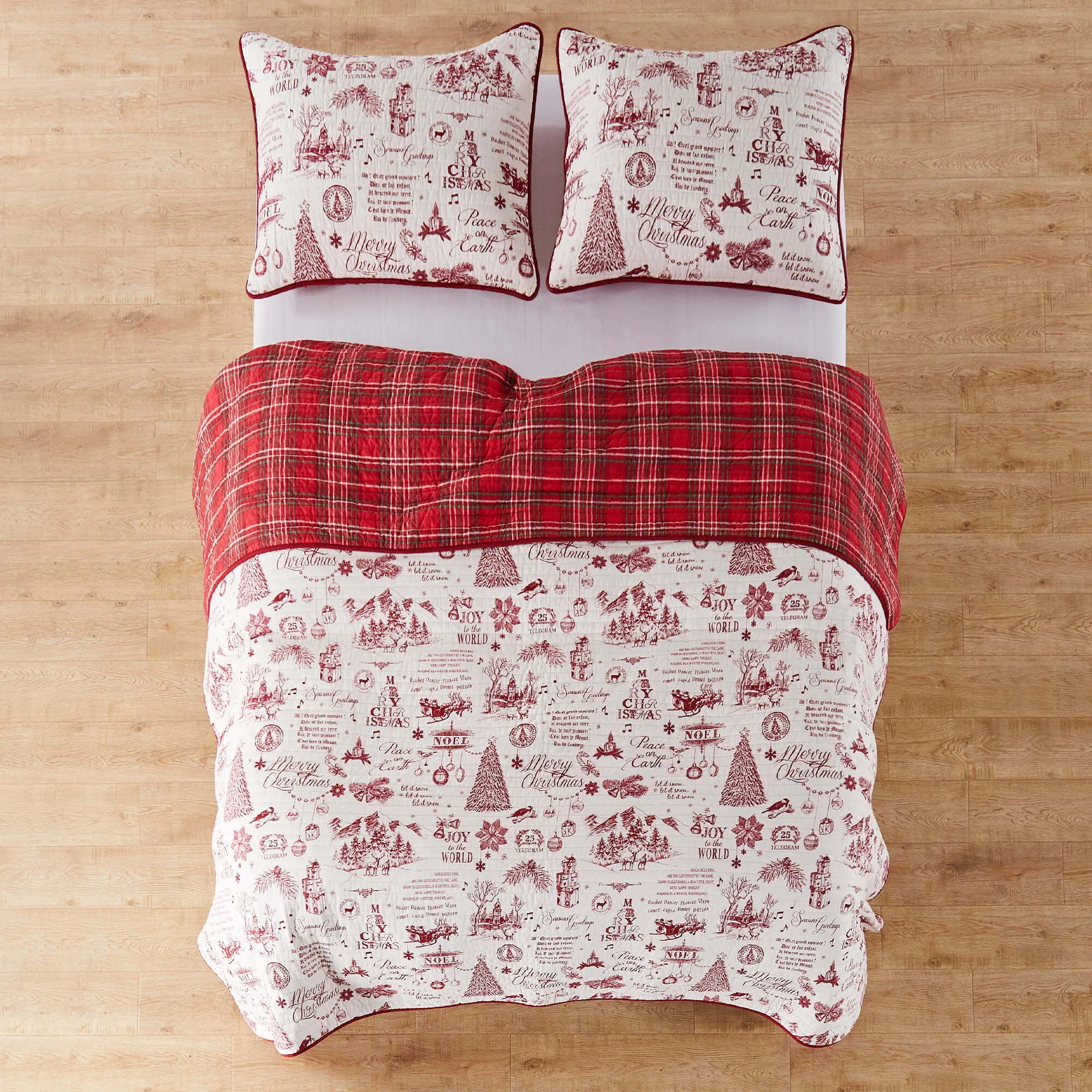 Yuletide Quilt Set – King Quilt (106x92in.) + Two King Pillow Shams (36x20in.) – Christmas Holiday Script – Red and Cream – Reversible – Cotton