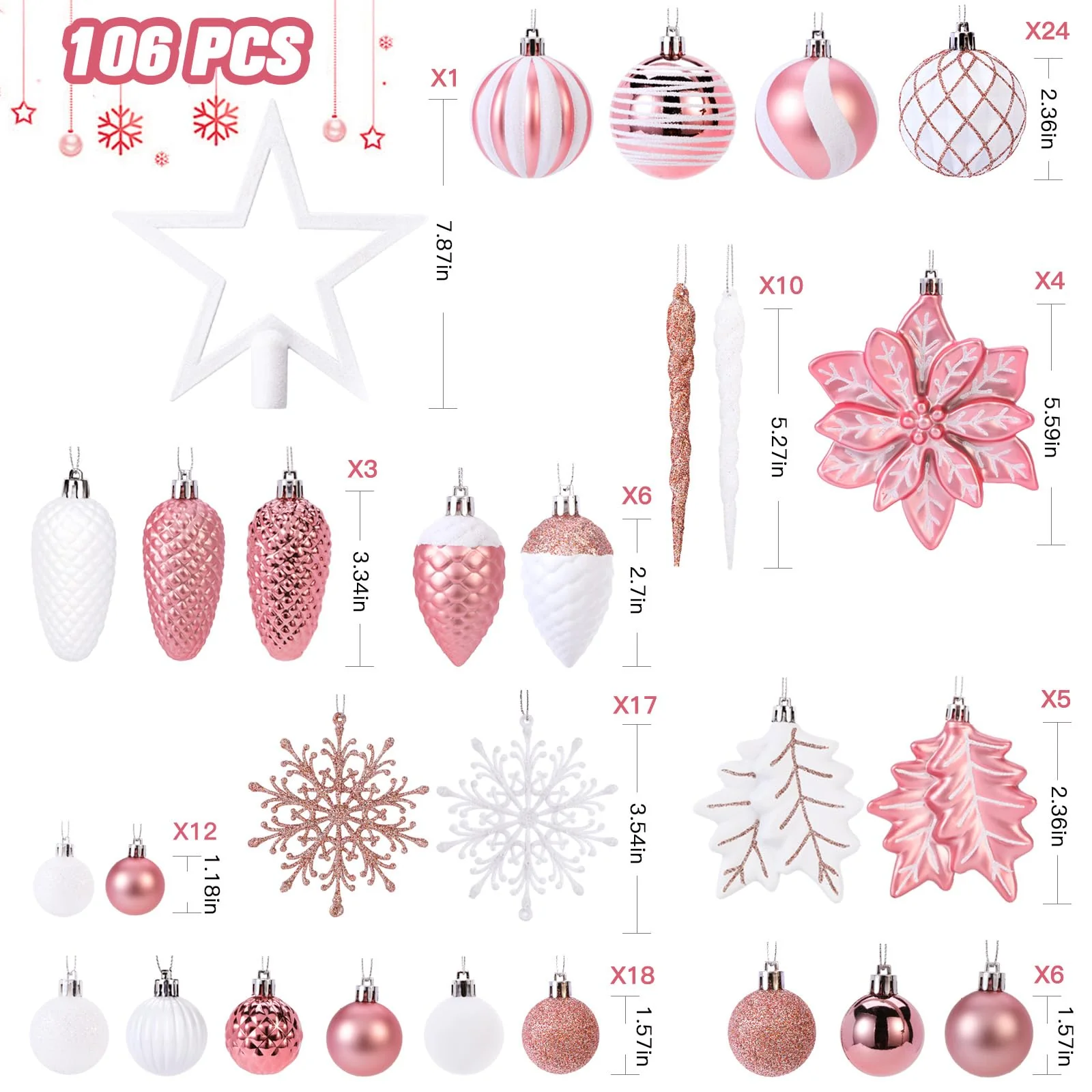106PCS Christmas Colorful Shatterproof Plastic Decorative Baubles for Xmas Tree Decor Holiday Wedding Party Decoration with Hanging Hooks, Rose Gold & White