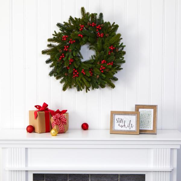 22 in. Pine Pinecone and Berry Artificial Wreath