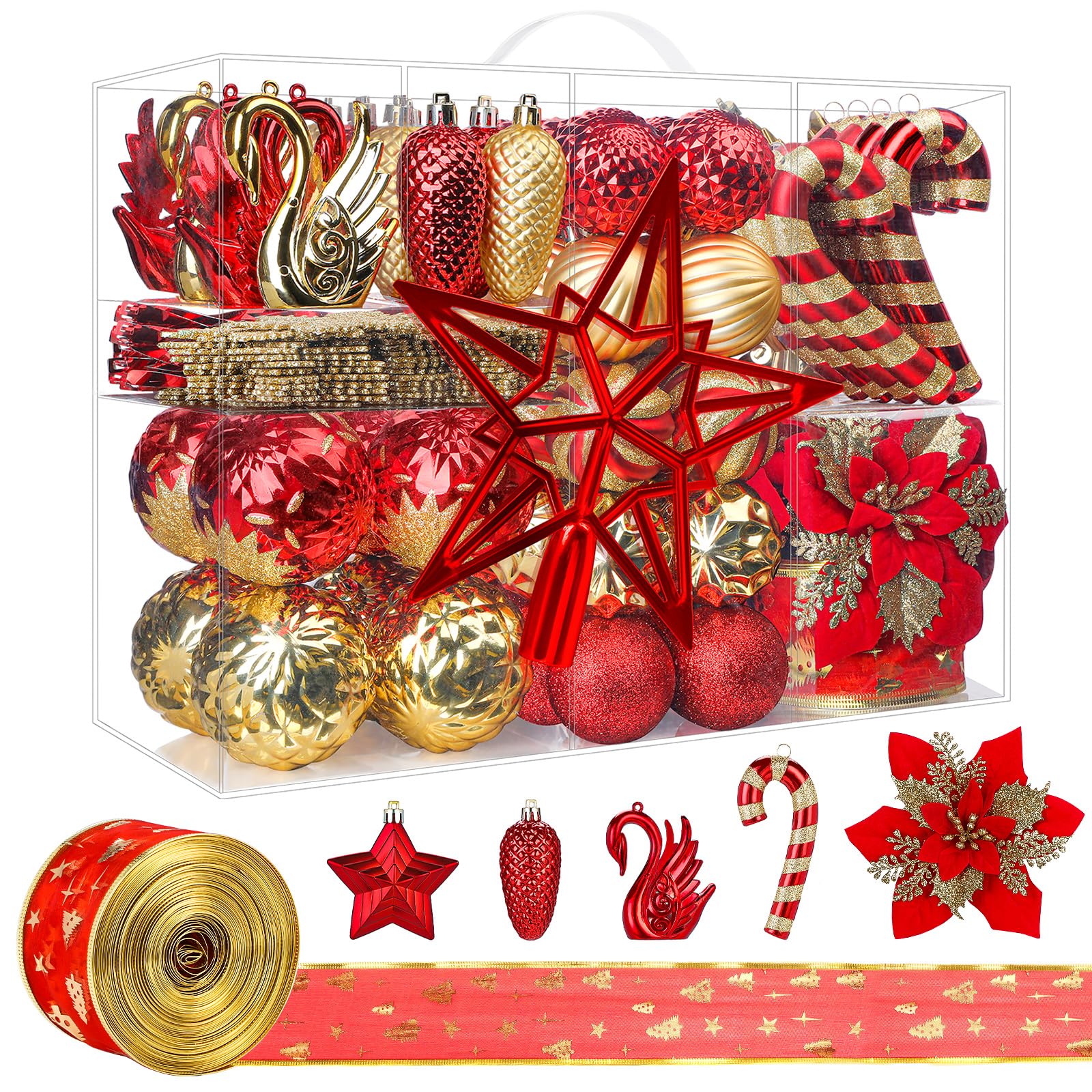 128pcs Red and Gold Shatterproof Plastic Baubles, Swans, Stars, Canes Christmas Balls Ornaments Set