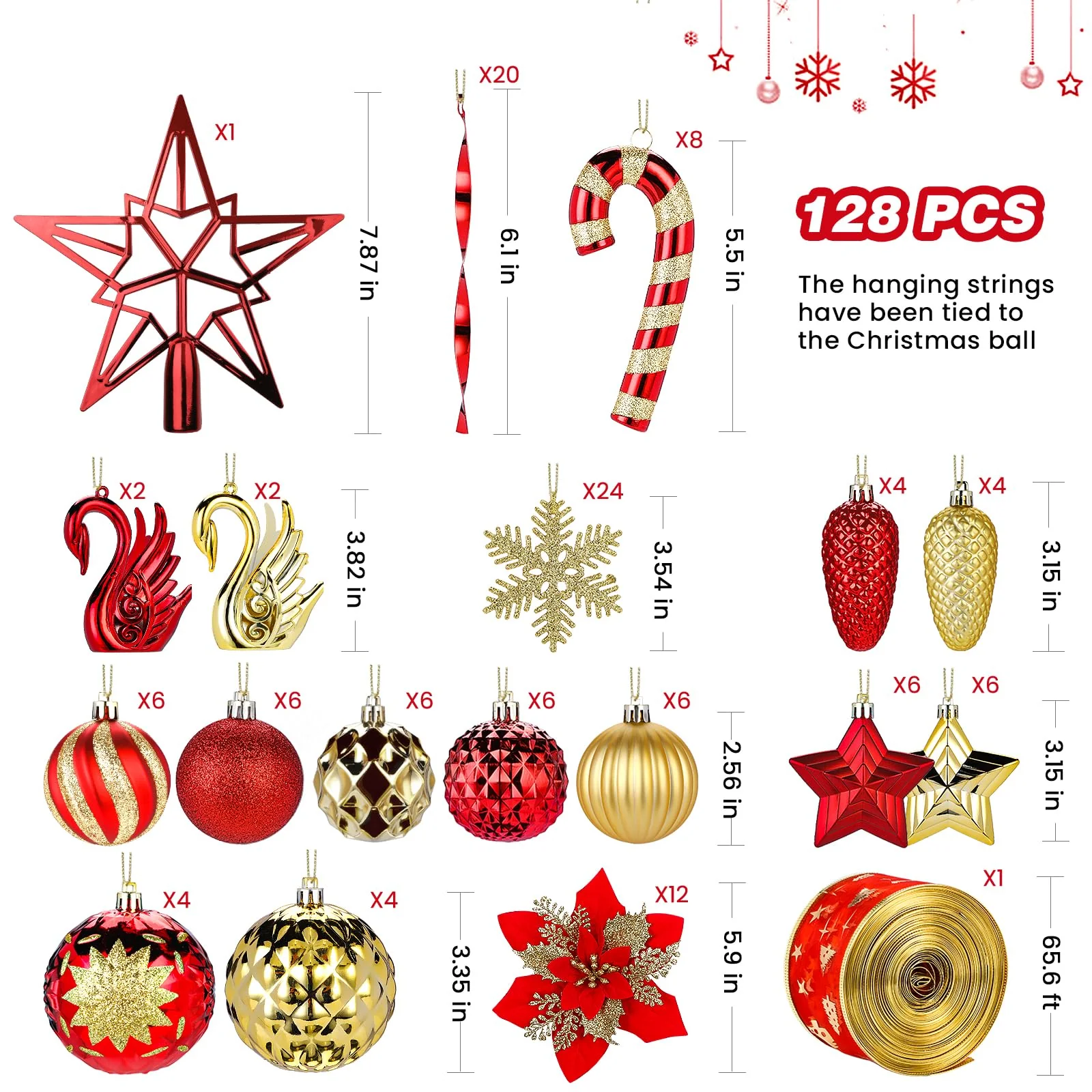 128pcs Red and Gold Shatterproof Plastic Baubles, Swans, Stars, Canes Christmas Balls Ornaments Set