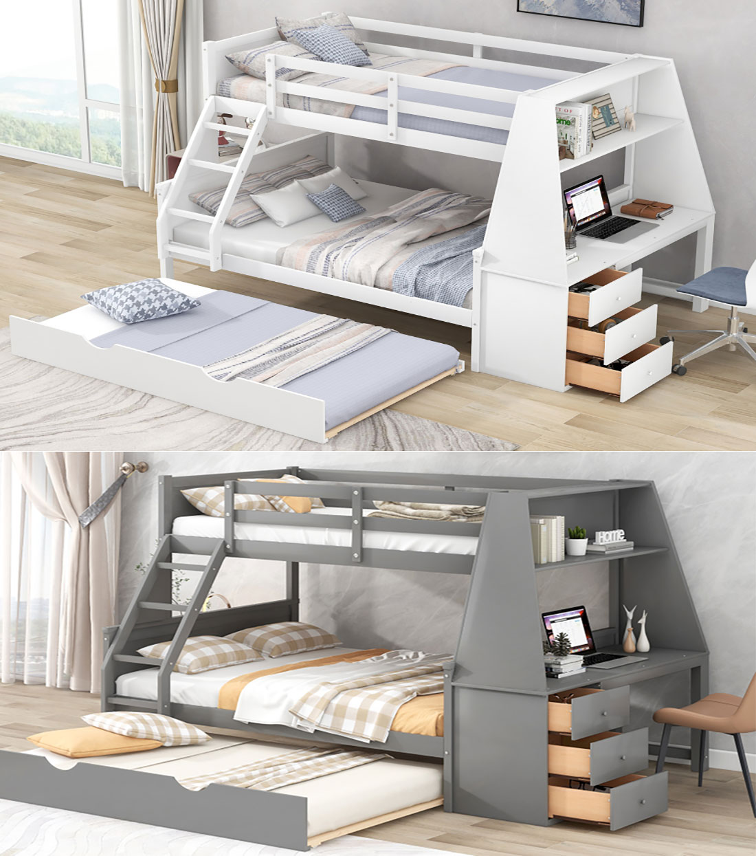 🎄Store Closing Sale💖High-quality materials Twin over Full Bunk Bed Three Storage Drawers and Shelf