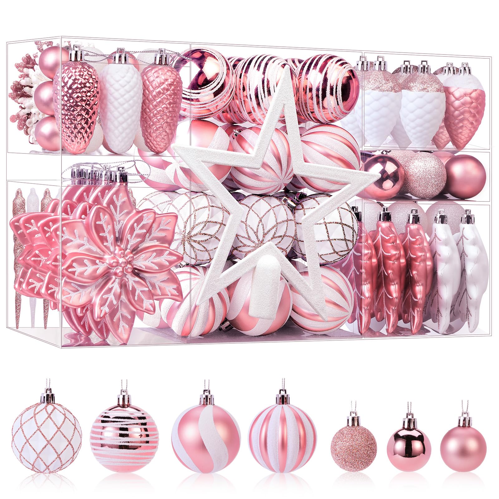 106PCS Christmas Colorful Shatterproof Plastic Decorative Baubles for Xmas Tree Decor Holiday Wedding Party Decoration with Hanging Hooks, Rose Gold & White