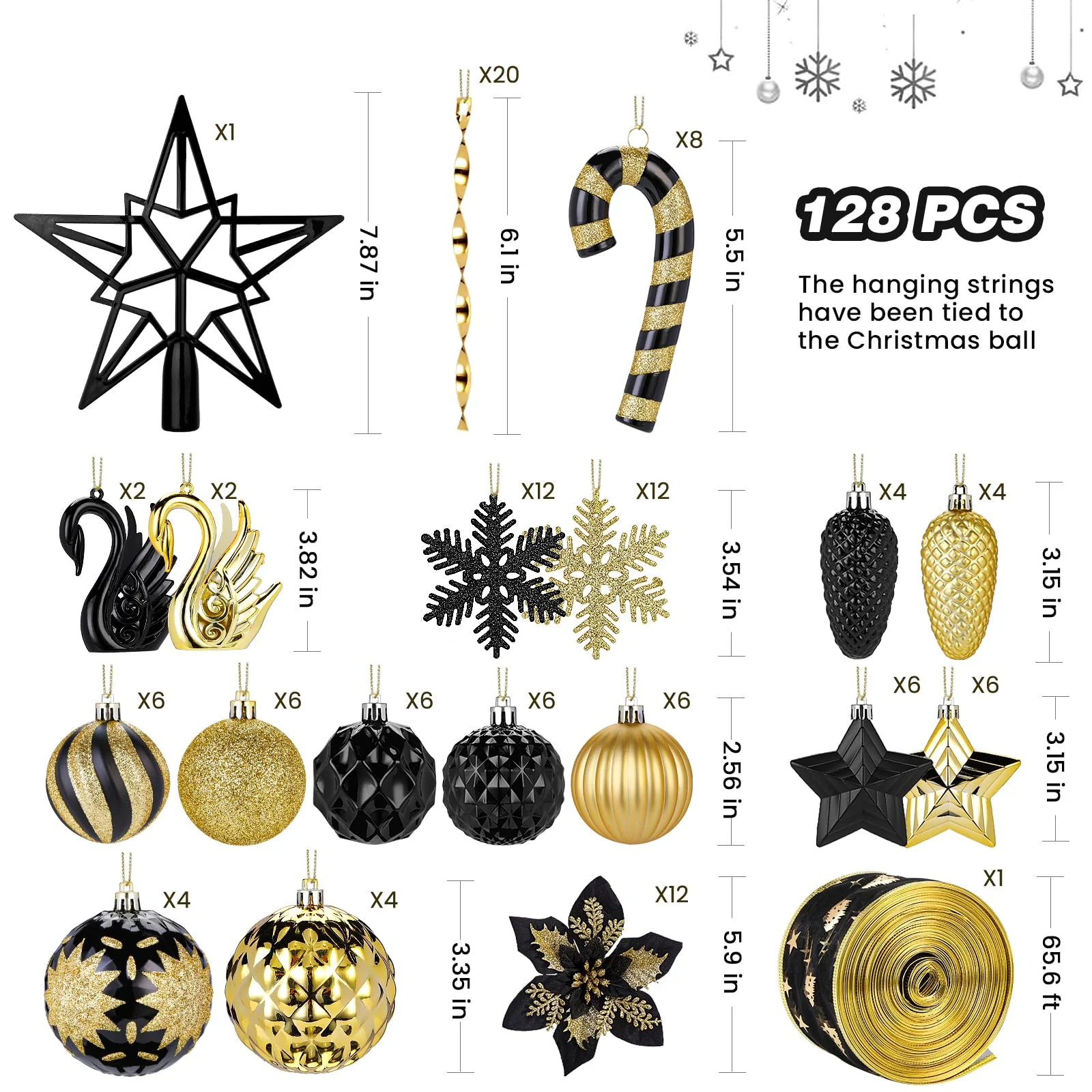 128pcs Christmas Balls Ornaments Set with Hanging Strings, Black and Gold
