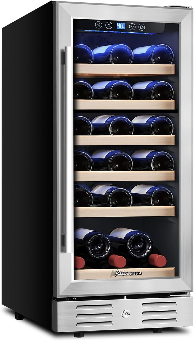 24 inch Wine Cooler, 46 Bottle – Dual Zone Built-in or Freestanding Fridge with Stainless Steel Reversible Glass Door, for Home, Kitchen, or Office.
