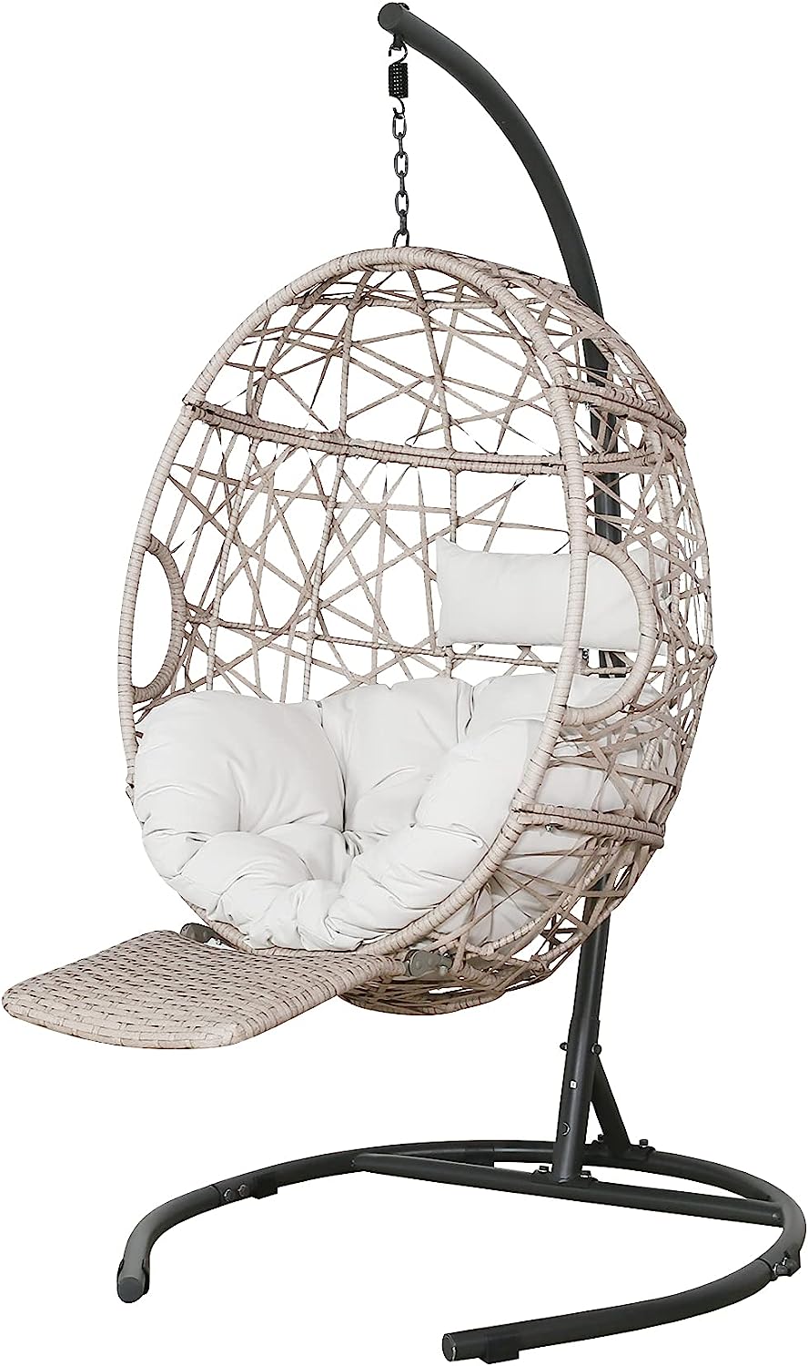 Ulax Furniture Egg Chair, Outdoor Indoor Patio Wicker Hanging Basket Swing Chair, Tear Drop Egg Chair with Cushion, Stand and Adjustable Footrest (Beige)