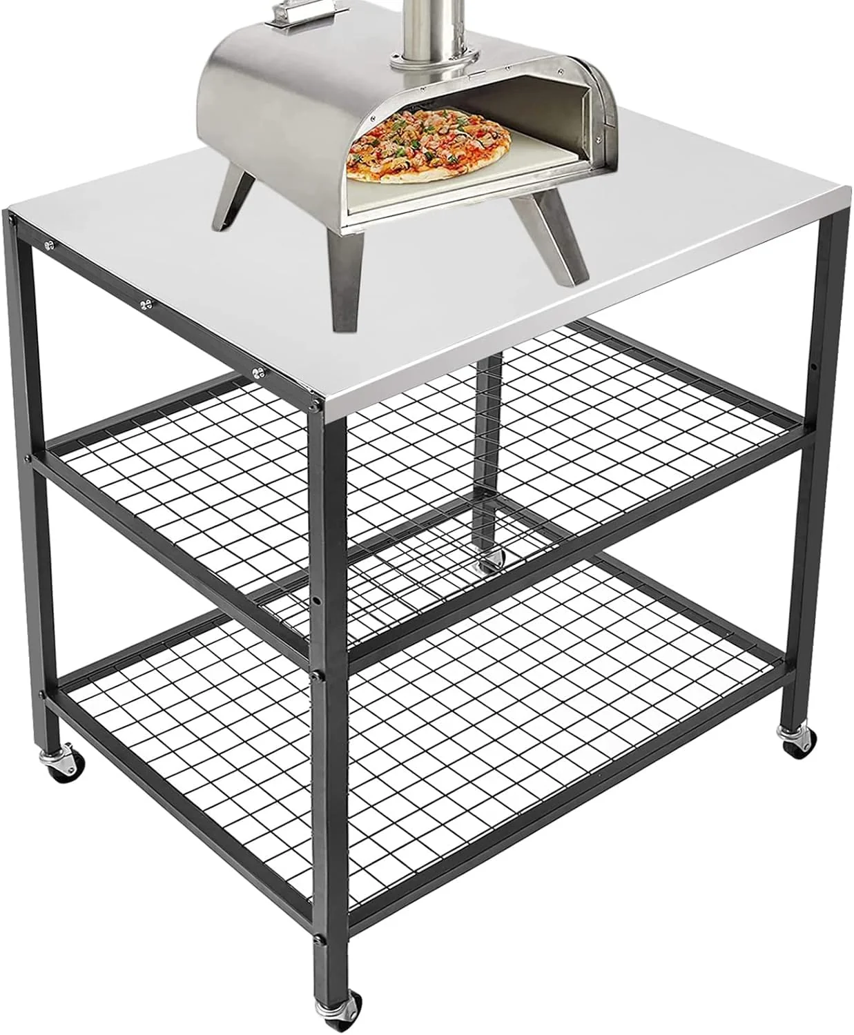 WEASHUME Stainless Steel Grill Cart Pizza Oven Stand Trolley Table
