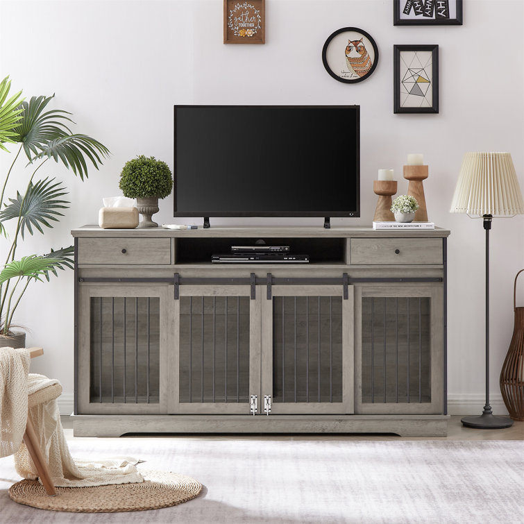 2 Drawers 71&” Super Big Furniture Style Dog Crate Dog Kennel Cage Barn Door W/ Detachable Layer Rustic Gray