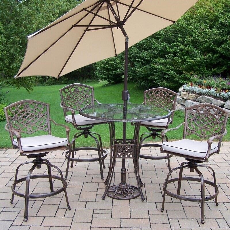 Wendling Round 4 – Person Aluminum Bar Height Dining Set with Cushions and Umbrella