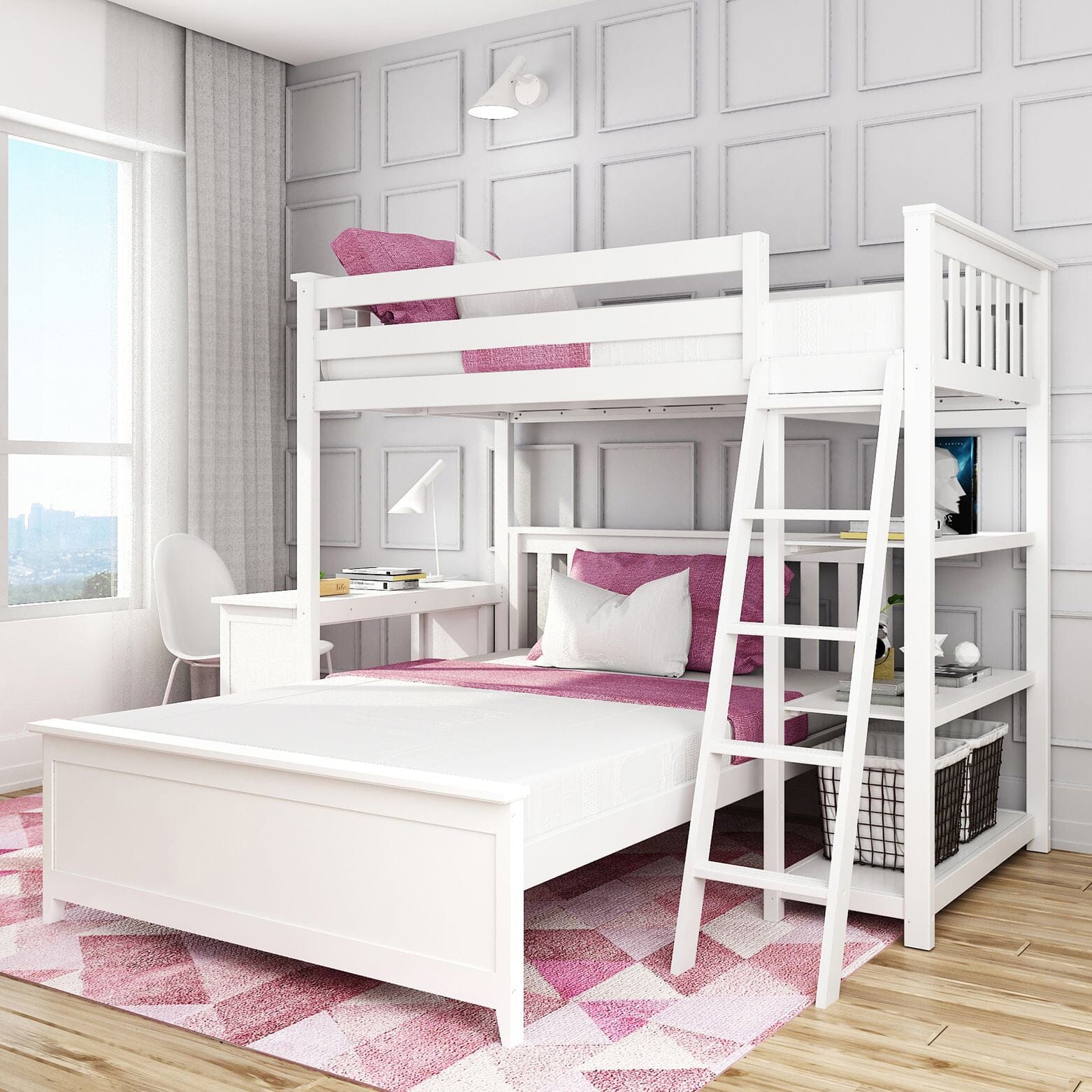 🎄Store Closing Sale💖Kid’s L-Shaped Twin Over Full-Size Bunk Bed with Bookcase + Desk