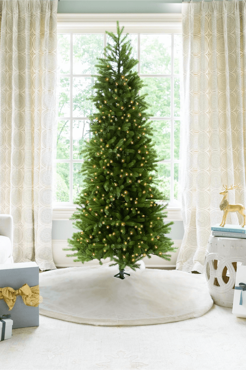 10′ King Fraser Fir Slim Artificial Christmas Tree with 1100 Warm White LED Lights