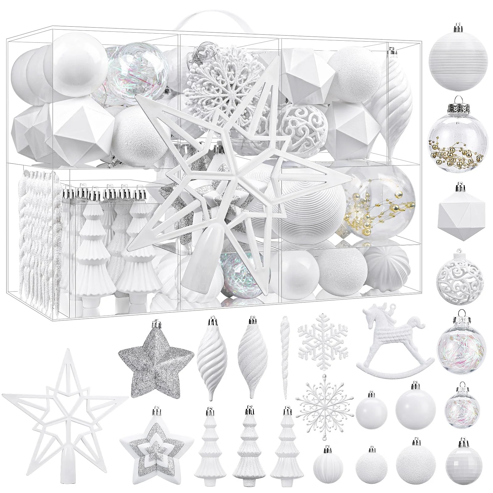 100pcs White Stars, Snowflakes, Carousels Shatterproof Plastic Christmas Tree Decorations Ornaments Set