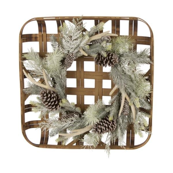24 in. Dia Flocked Pinecone and Antler Wreath with Bamboo Tobacco Basket