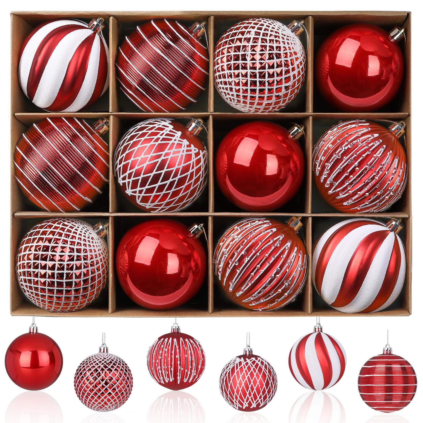 12PCS 80mm Colored Shatterproof Plastic Decorative Hanging Tree Decorations Baubles Set for Holiday Party Wedding Decoration with Lanyard, Red&White