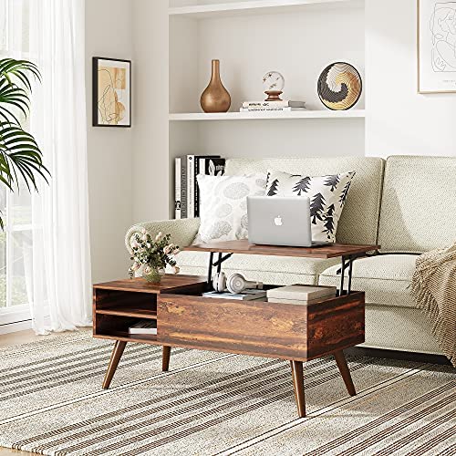 WLIVE Wood Lift Top Coffee Table with Hidden Compartment and Adjustable Storage Shelf