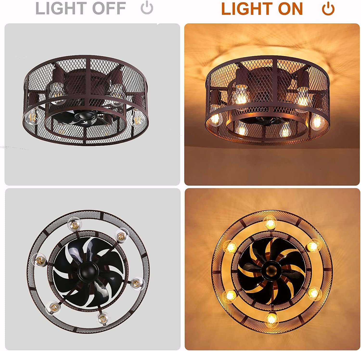 21 Inch Farmhouse Low Profile Ceiling Fan with Light Remote Control, Flush Mount Bladeless Ceiling Fan Lighting Fixture for Bedroom Living Room Kitchen Brown