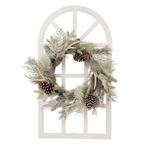 24 in. Dia Flocked Pinecone and Antler Wreath with Wooden Window Frame
