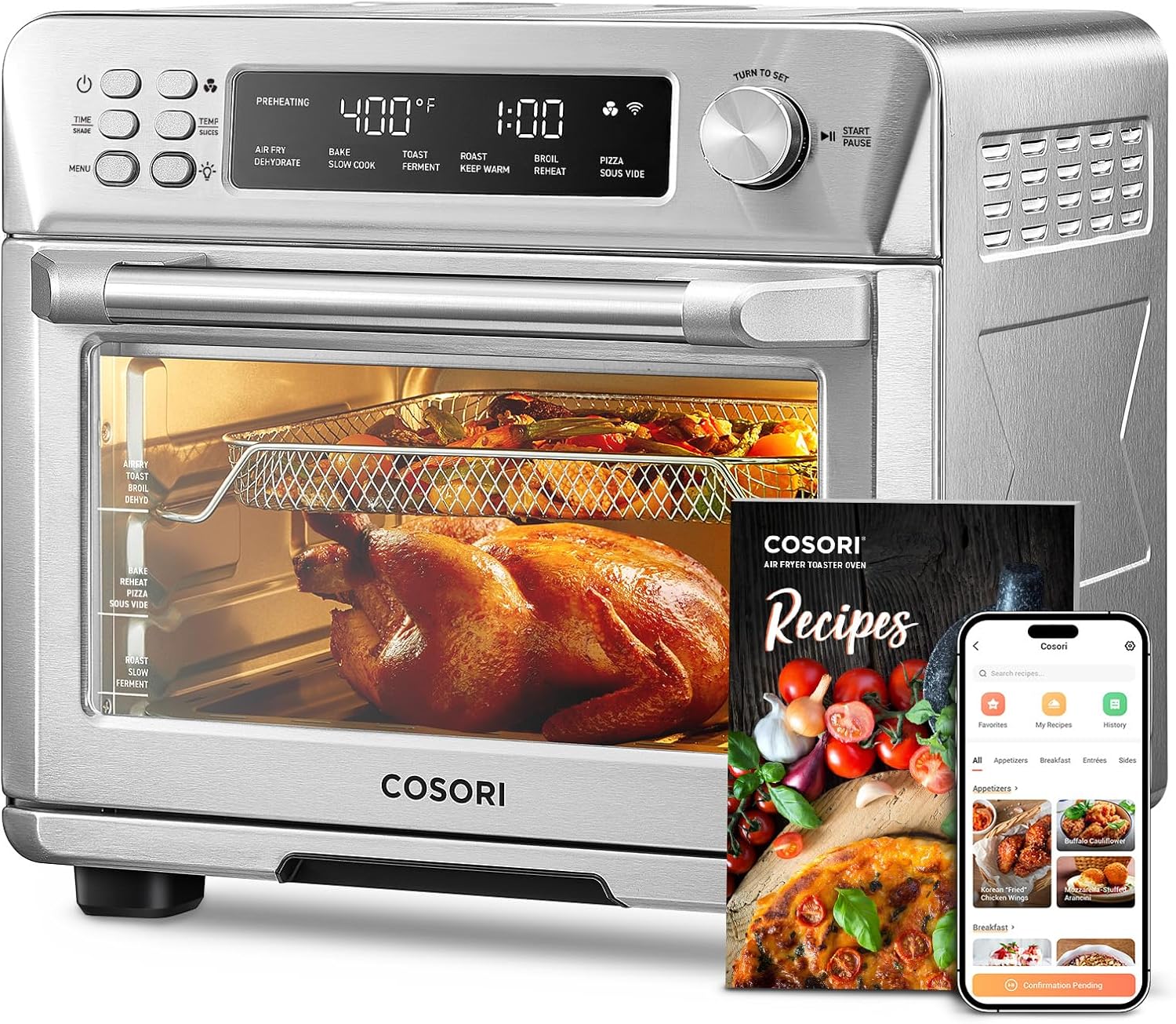 12-in-1 Air Fryer Toaster Oven Combo, Airfryer Convection Oven Countertop, Bake, Broil, Roast, Dehydrate, 134 Recipes & 4 Accessories, 32QT, Silver, Stainless Steel