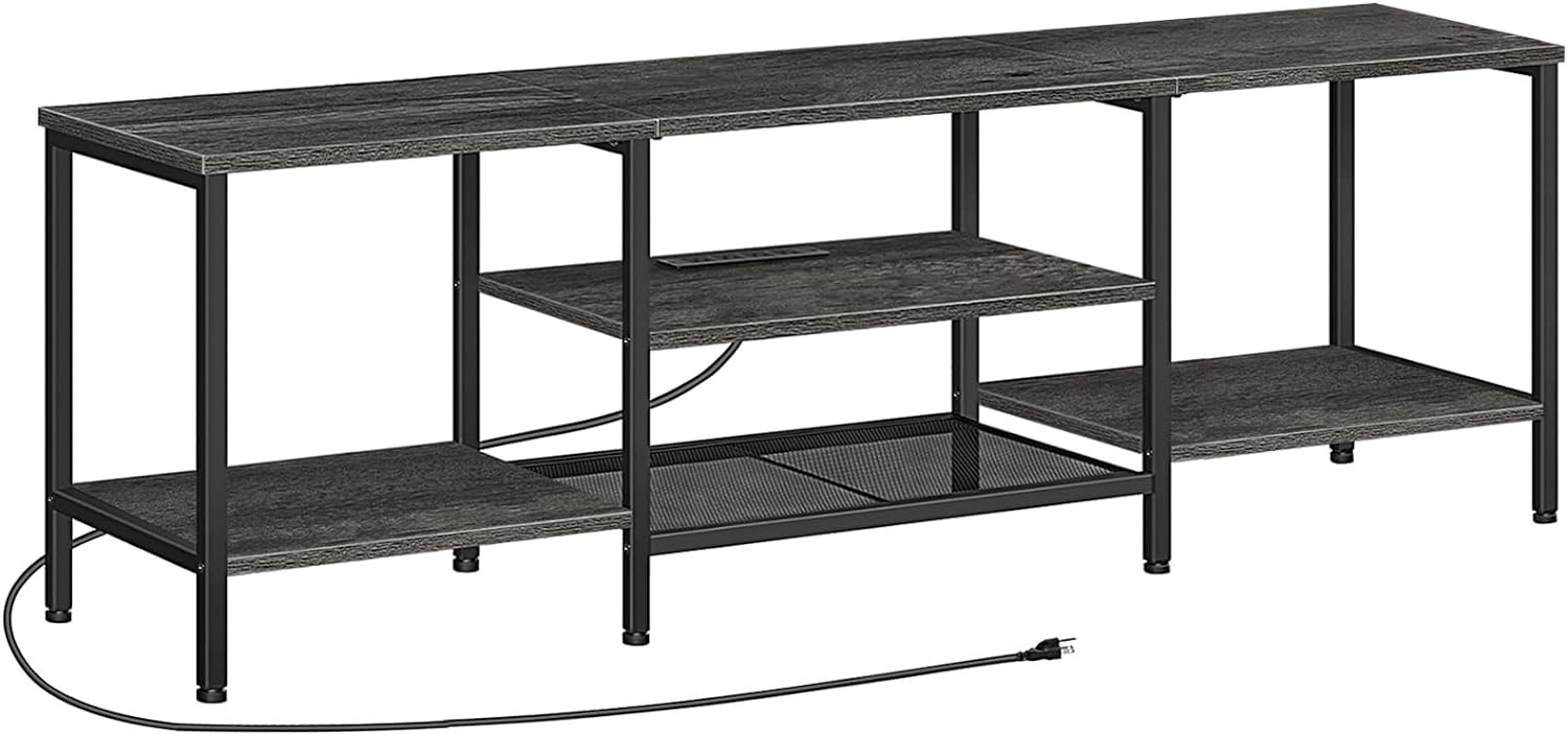 TV Stand with Power Outlets to 75 Inches, TV Console Table with Open Storage Shelves Cabinet, Industrial Media Entertainment Center for Living Room Bedroom, Rustic Brown and Black BF60DS01