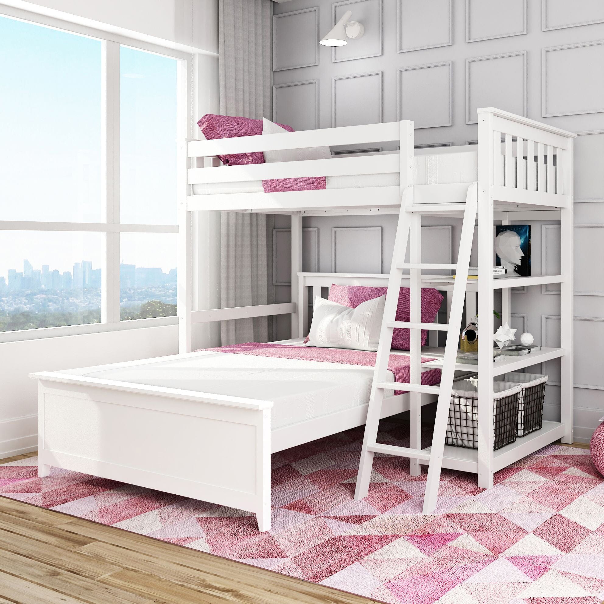 🎄Store Closing Sale💖Kid’s L-Shaped Twin Over Full-Size Bunk Bed with Bookcase