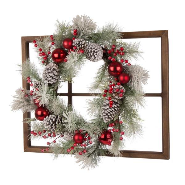 24 in. Unlit Flocked Pinecone and Ornament Wreath with Wooden Window Frame
