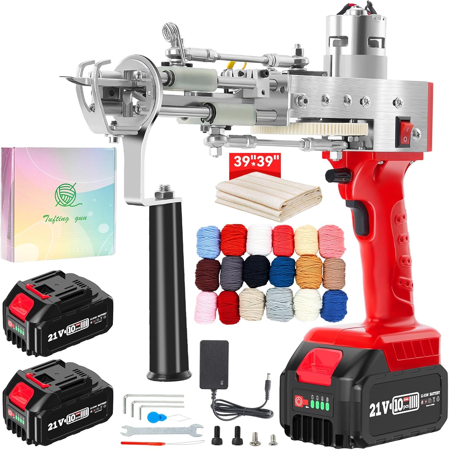 2023-Cordless-Rug-Tufting-Gun-Kit with Carpet Trimmer- Tufting-Gun-Starter-Kit-with 2pcs 4.0Ah Batteries .2 in 1 Cut Loop Pile Tufting Gun with Tufting Shears, Carpet Gun Cloth YarnLight Red
