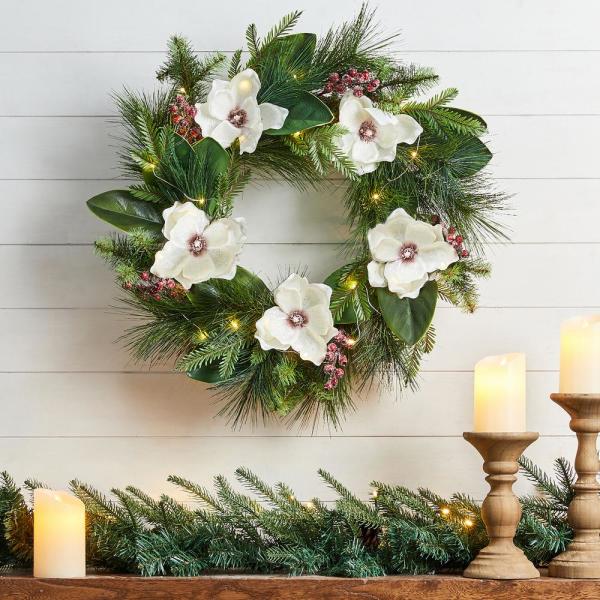 24 in. D Iced Magnolia Berry Pine Artificial Christmas Wreath With Lights