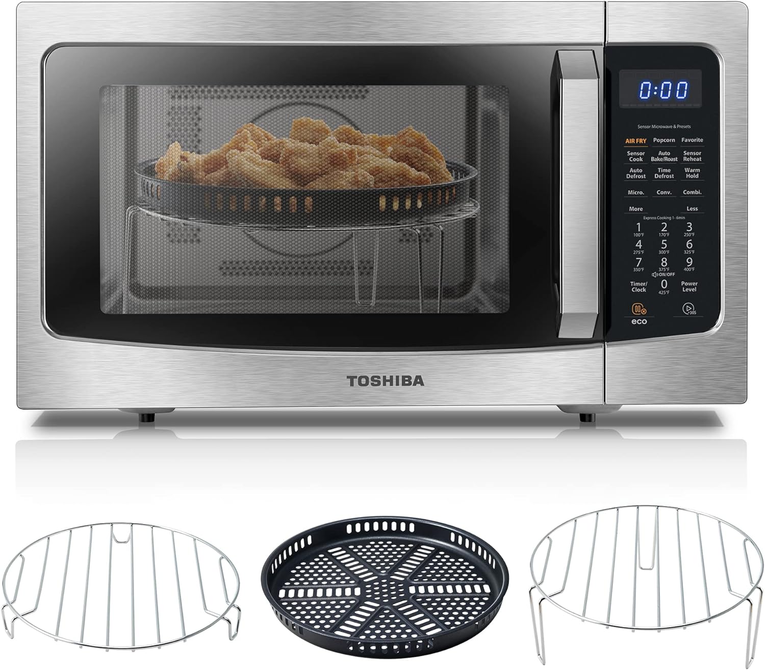TOSHIBA 4-in-1 ML-EC42P(SS) Countertop Microwave Oven, Smart Sensor, Convection, Air Fryer Combo, Mute Function, Position Memory 13.6″ Turntable, 1.5 Cu Ft, 1000W, Silver