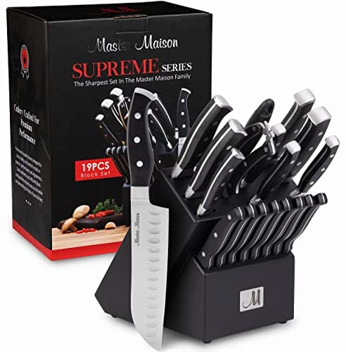 19-Piece Premium Kitchen Knife Set With Wooden Block | Master Maison German Stainless Steel Cutlery With Knife Sharpener & 8 Steak Knives